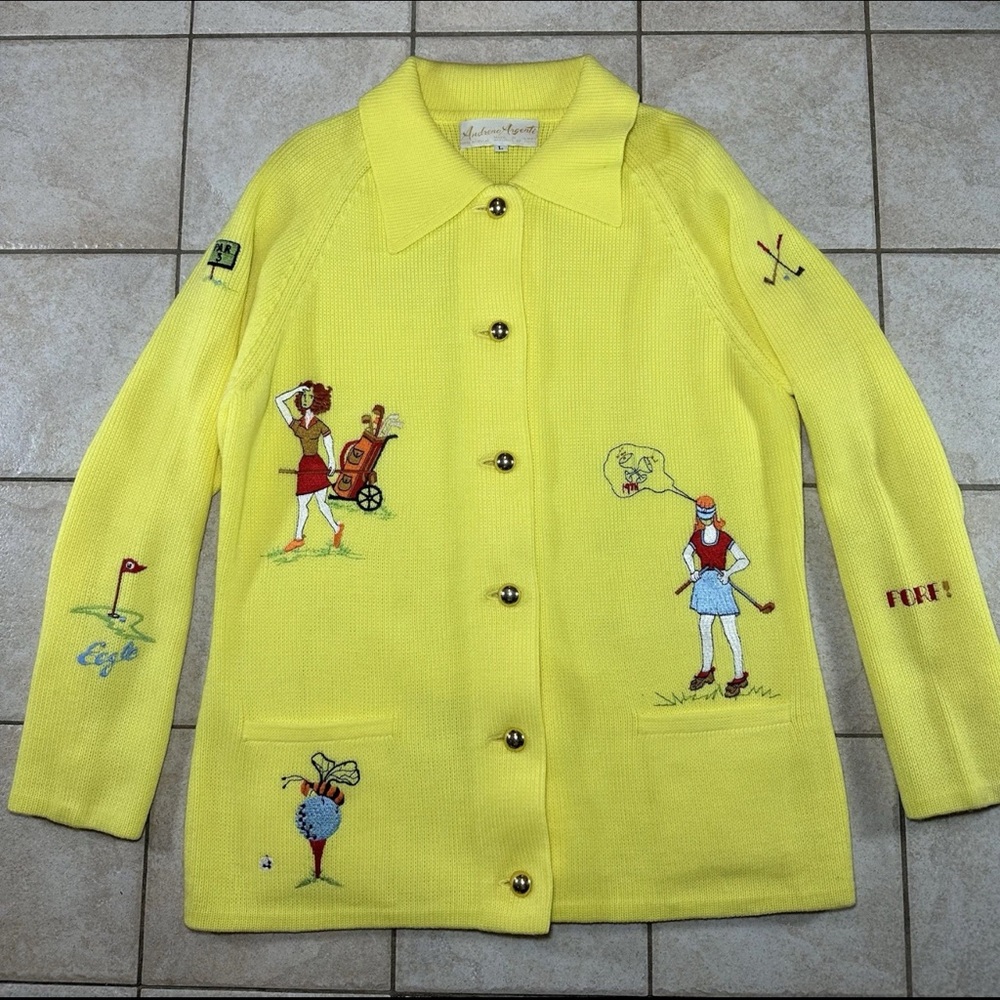 Andreno Argento Womens Large Yellow Embroidered Novelty Golf Cardigan Vintage